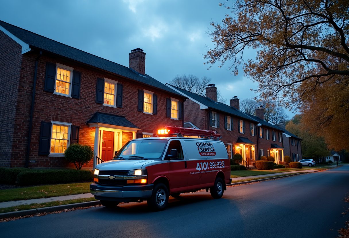 Chimney service van outside brick townhouses at dusk — Redmond